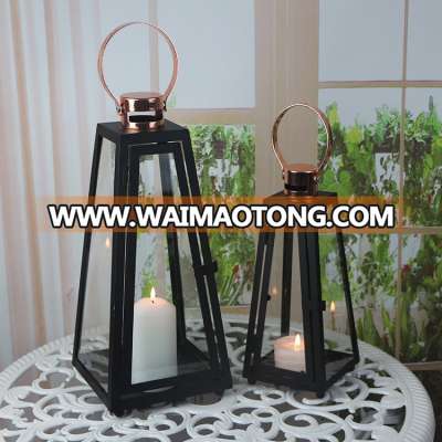 Set Of 2  Antique Decoration  Outdoor  Black  Glass Candle Lantern