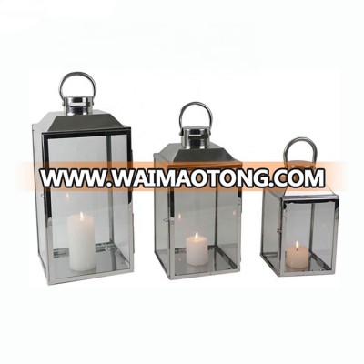 Outdoor set of 3 iron shiny color silver garden candle holder lantern with stainless steel handle