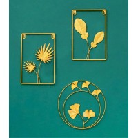 Gold Luxury 3d Plant Wrought Iron Wall Art Decor For Home Living Room Cafe Round Rectangle Metal Wall Hanging Design